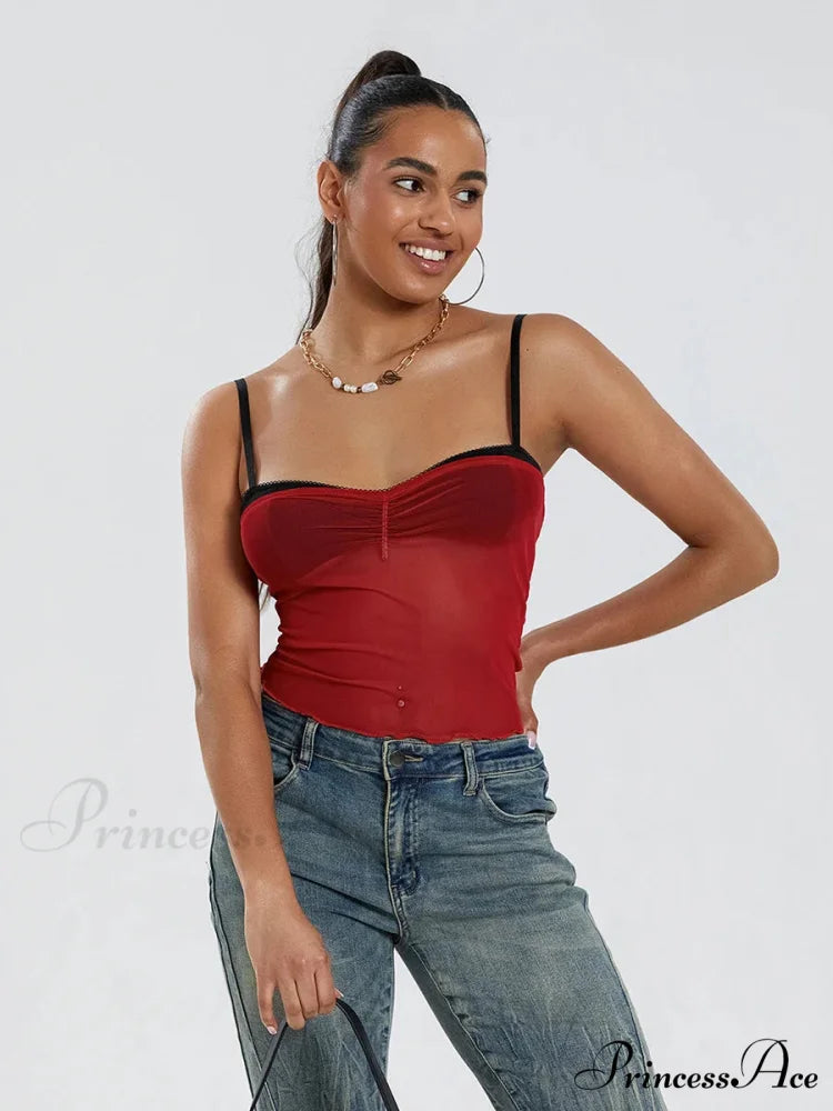Net Gathered Hue Patch Spaghetti Strap Crop Top RED / S croptop-250126