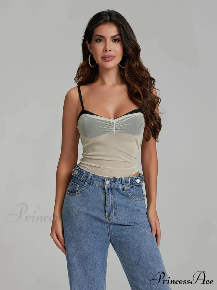 Net Gathered Hue Patch Spaghetti Strap Crop Top WHITE1 / S croptop-250126