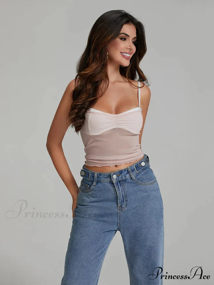 Net Gathered Hue Patch Spaghetti Strap Crop Top WHITE2 / S croptop-250126