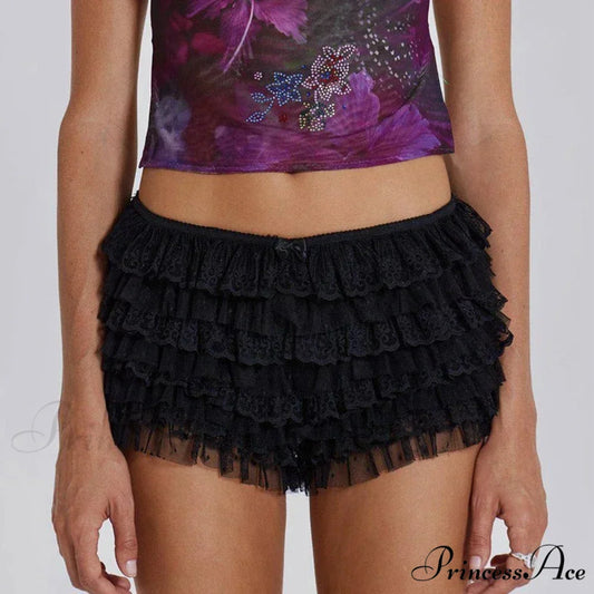 Net Lace Ribbon Booty Short Black / S short-250223
