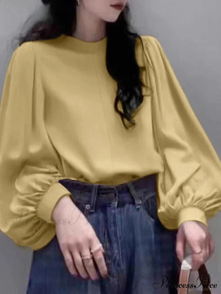 Net Lantern Sleeve Top Spring Tunic Top Khaki / S blouse-250126