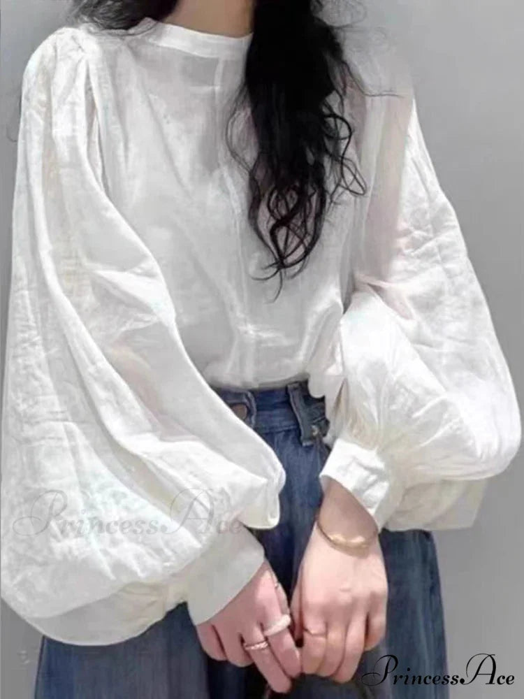 Net Lantern Sleeve Top Spring Tunic Top WHITE / S blouse-250126
