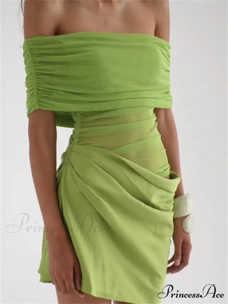 Net Patchwork Transparent Mini Dress Green / S minidress-250223