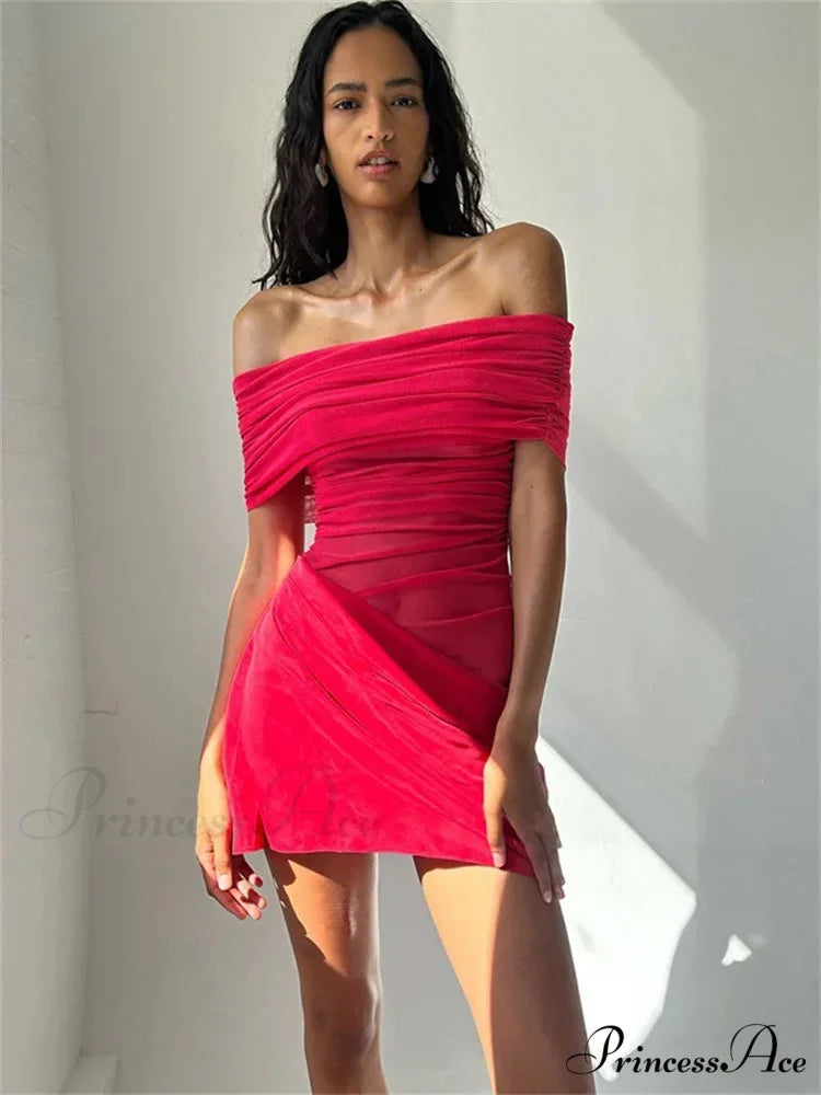 Net Patchwork Transparent Mini Dress Red / S minidress-250223