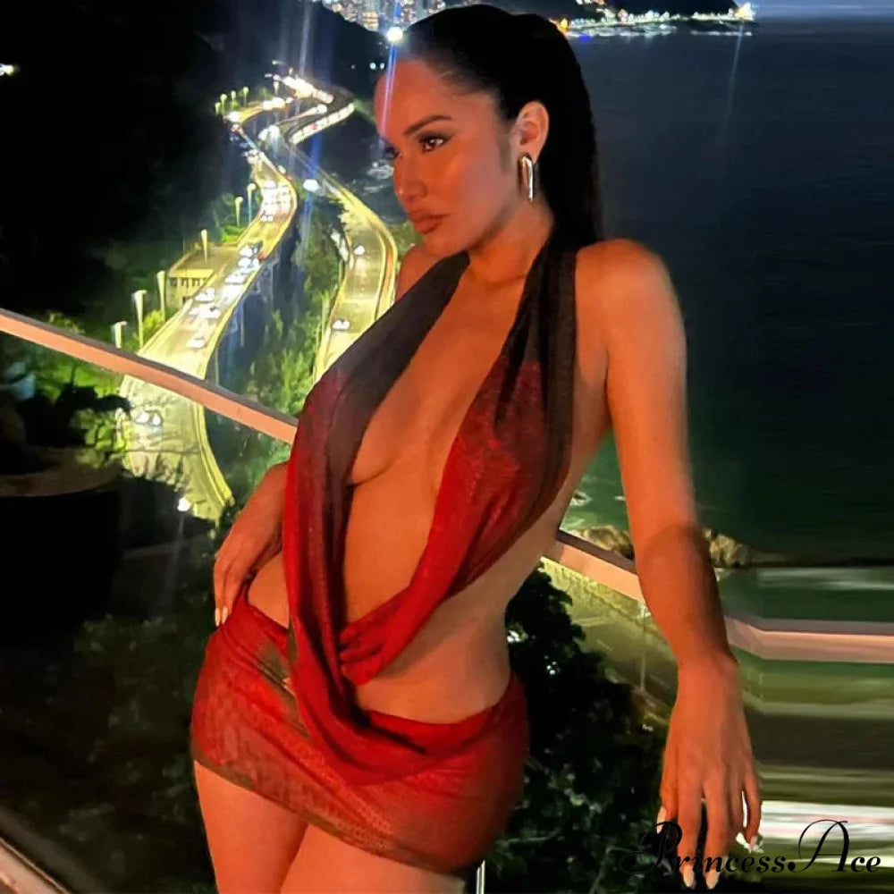 Net Print Halter Plunging Neckline Holiday Dress vacationdress-250223