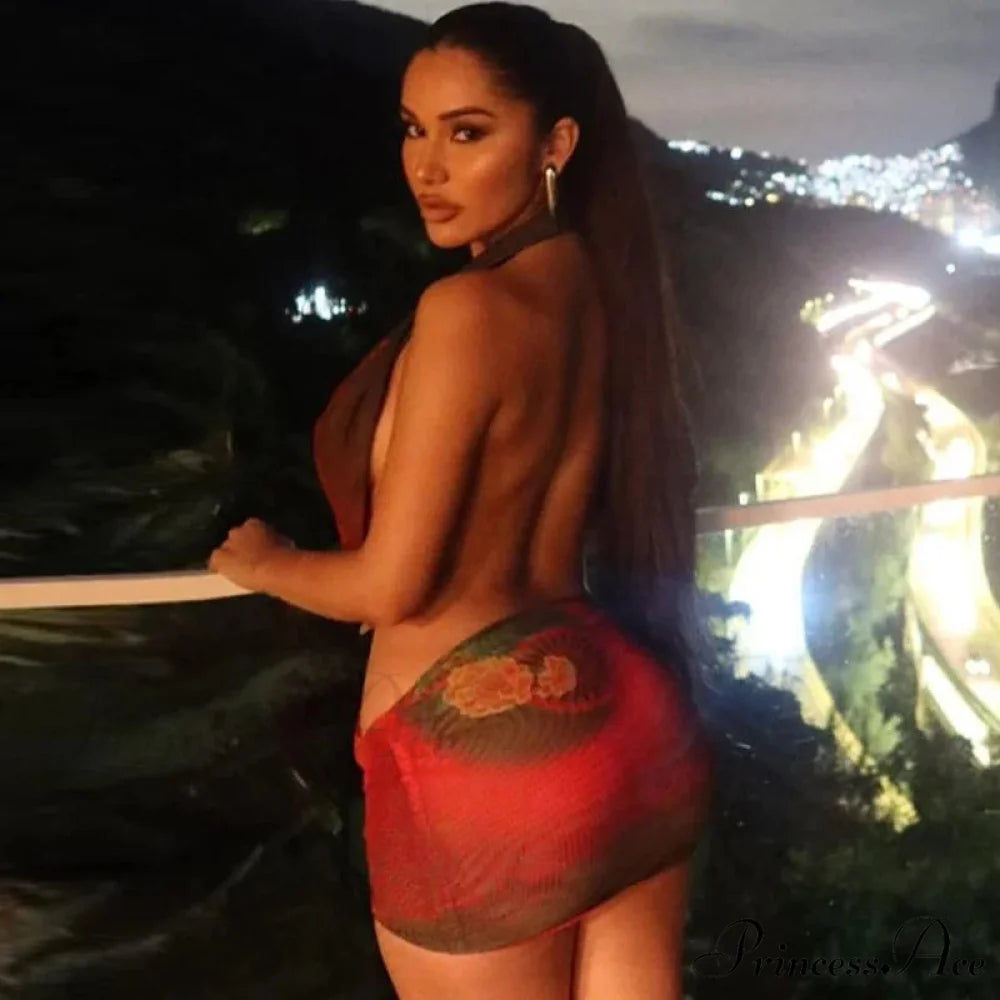 Net Print Halter Plunging Neckline Holiday Dress vacationdress-250223