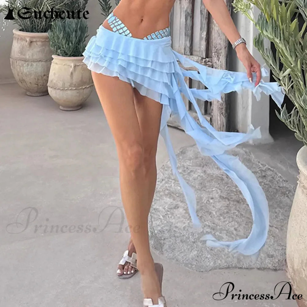 Net Streaming Unpredictable Hem Skirt Light Blue / S skirts-250223
