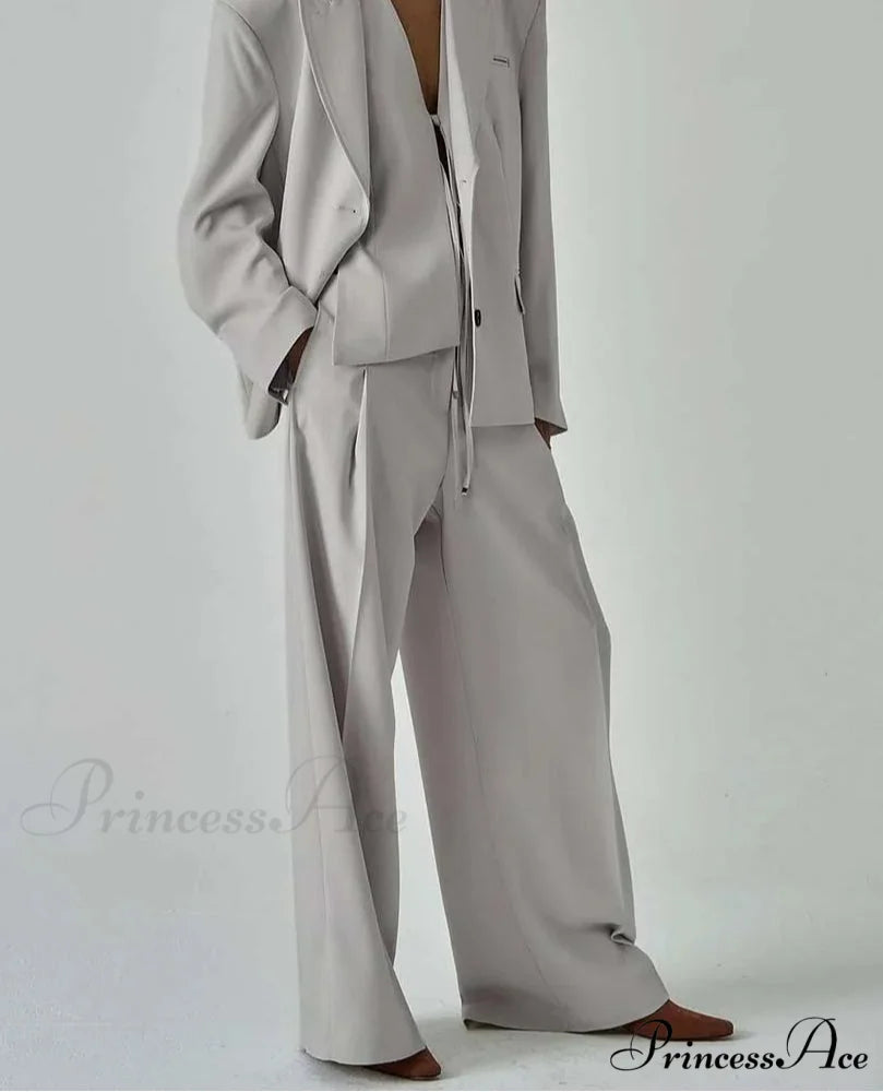 Neutral Button Blouse Lace-Up Trousers Workplace Two Piece Set GRAY / S officetwopieceset-250223