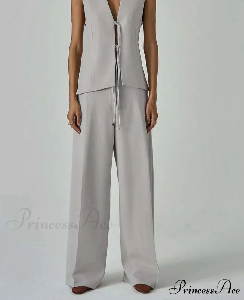 Neutral Button Blouse Lace-Up Trousers Workplace Two Piece Set officetwopieceset-250223