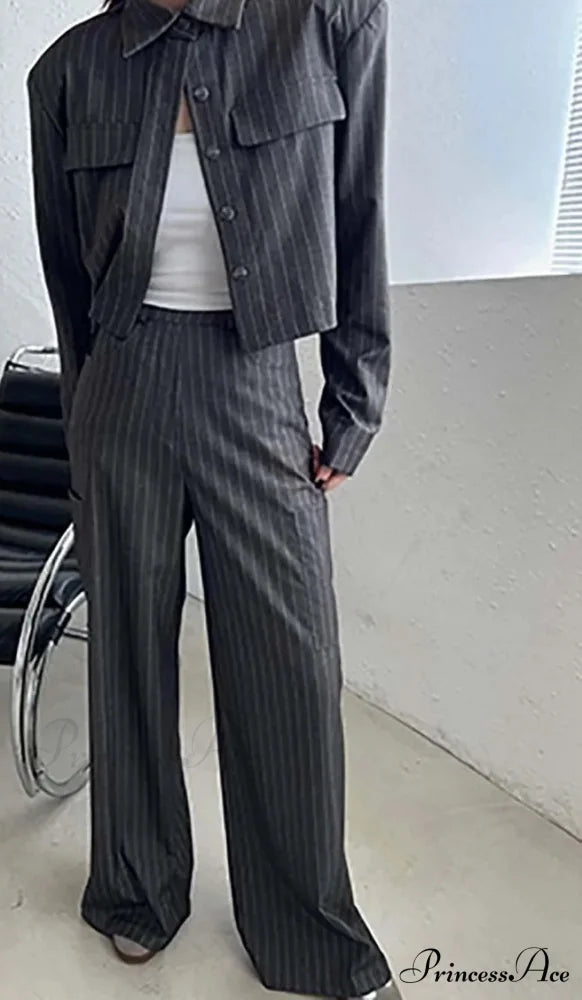 Neutral Pattern Pockets Button Trousers Work Two Piece Ensemble GRAY / S officetwopieceset-250223