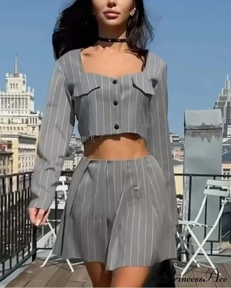 Neutral Pattern V-Neck Midriff Pleated Work Two Piece Set GRAY / S officetwopieceset-250223