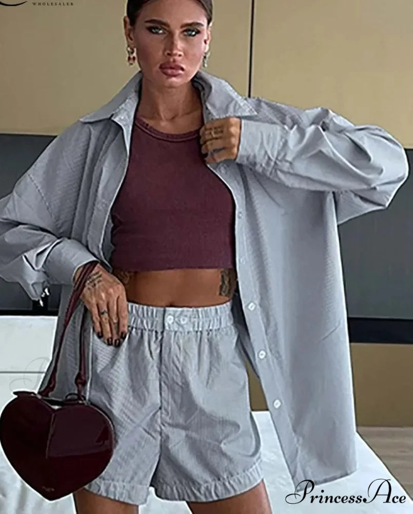 Neutral Patterned Buttoned Shorts Work Duo Set GRAY / S officetwopieceset-250223