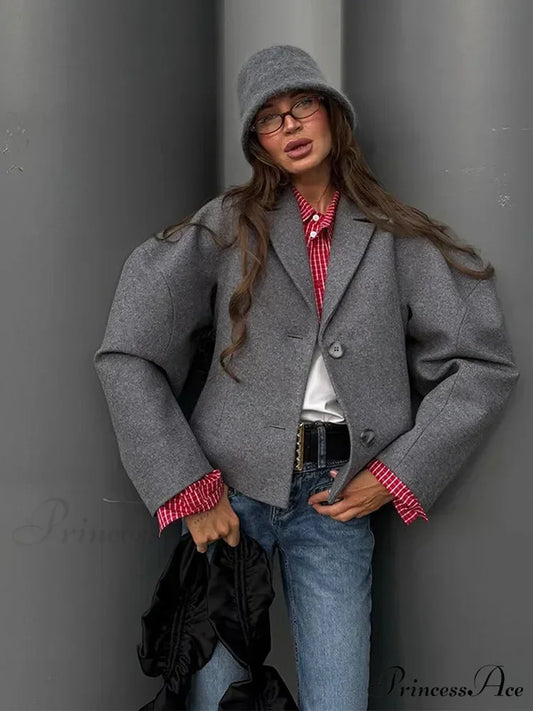 Neutral Puff Sleeve Cropped Jacket coats-241228