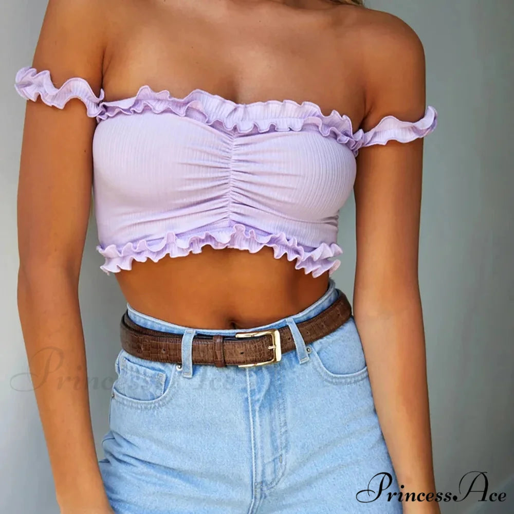 New 2024 Cute Purple Off Shouler Crop Ruffles t shirtTube For Women Summer Clothes Tank top PURPLE / S
