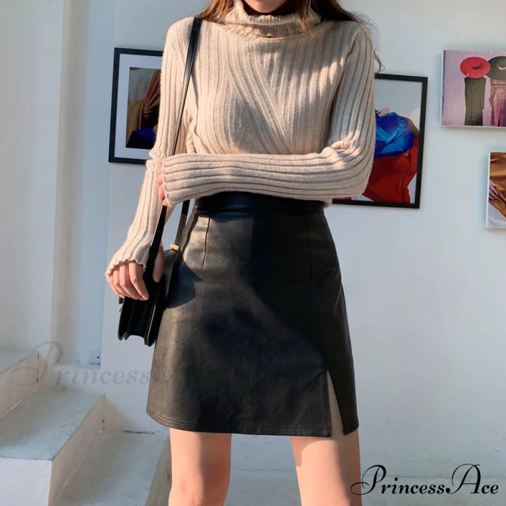 New A- line Slit Leather Skirt