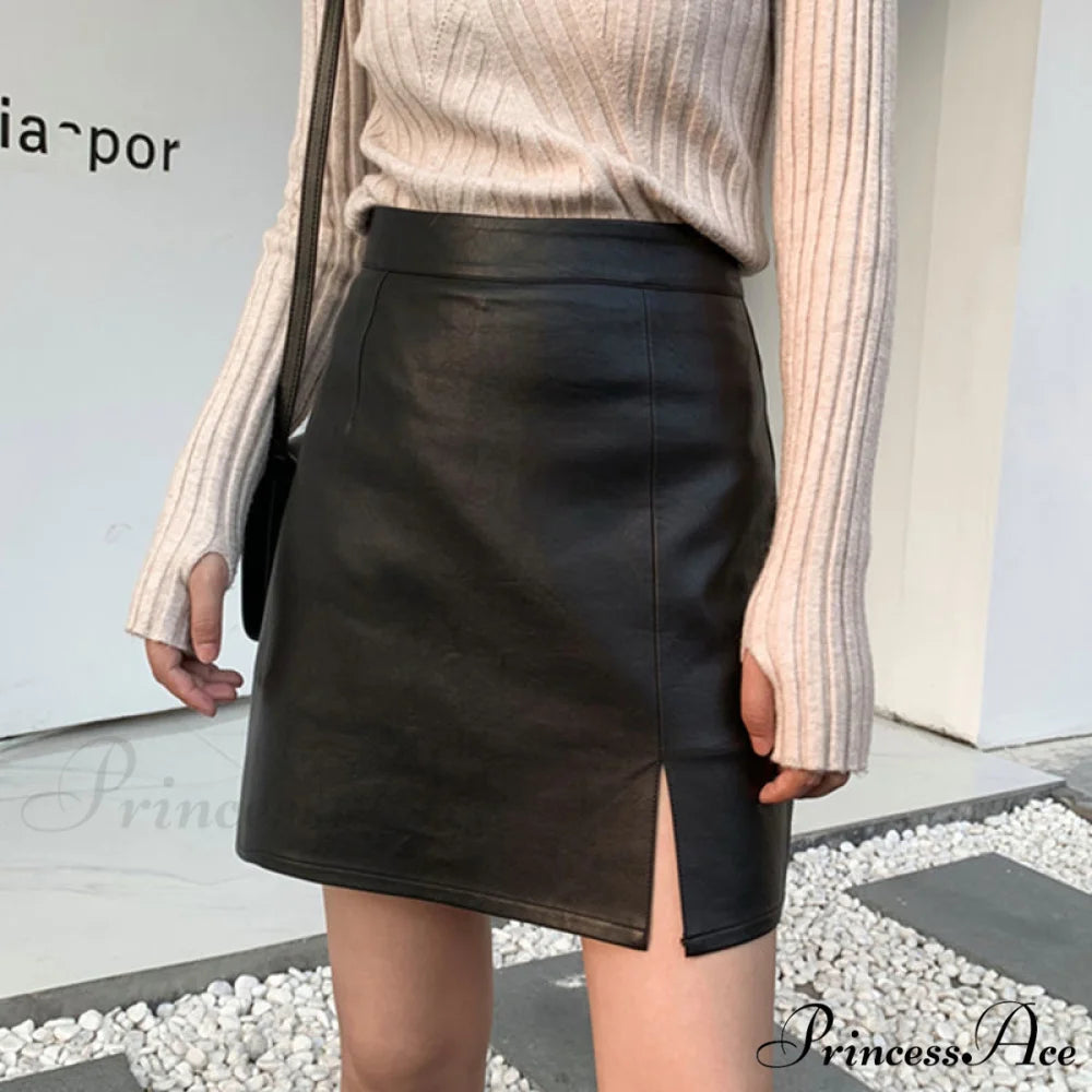 New A- line Slit Leather Skirt Black / S
