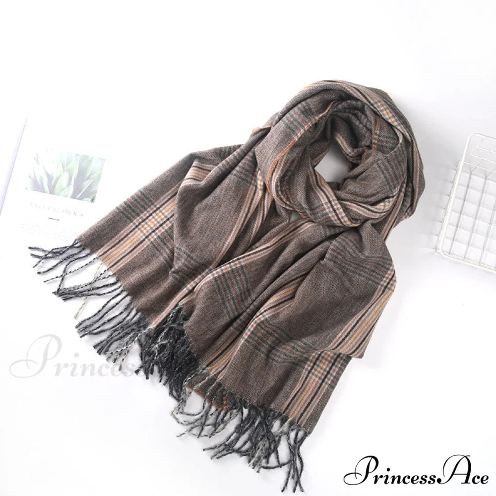 New Autumn Winter Thin Retro Tassel Plaid High-end Classic Elegant Scarf BROWN