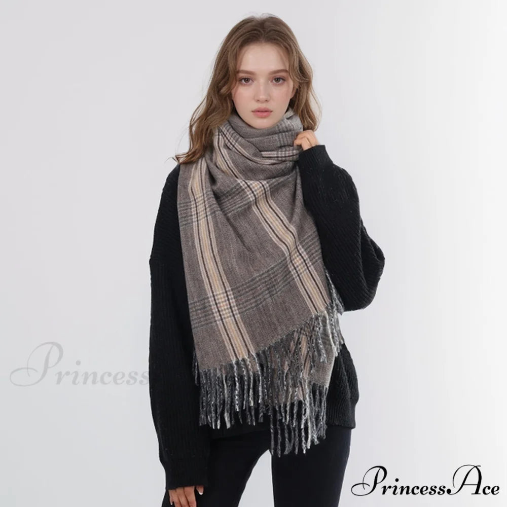 New Autumn Winter Thin Retro Tassel Plaid High-end Classic Elegant Scarf BROWN