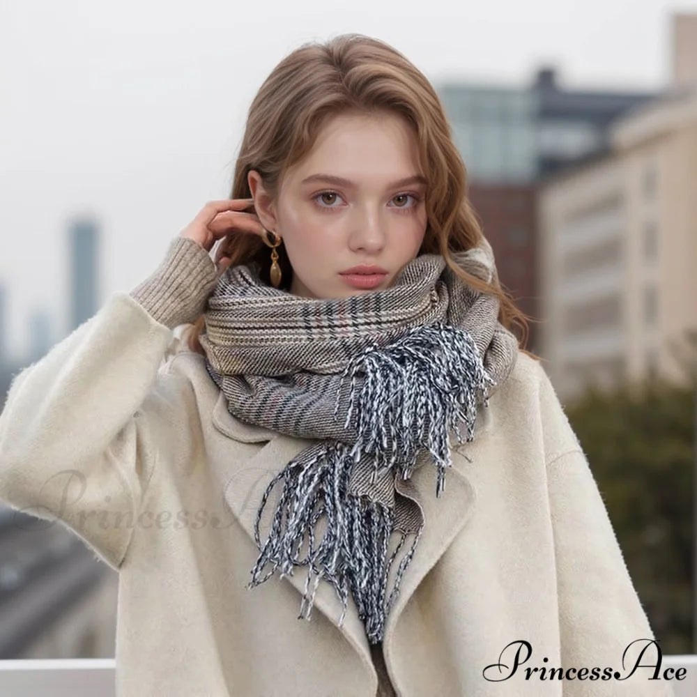 New Autumn Winter Thin Retro Tassel Plaid High-end Classic Elegant Scarf BROWN