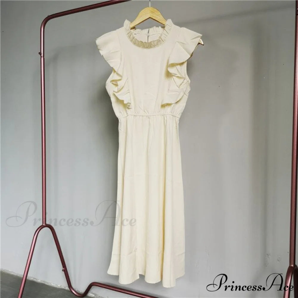 New Butterfly Sleeve Ruffles Medium Long Dress Beige Solid / M