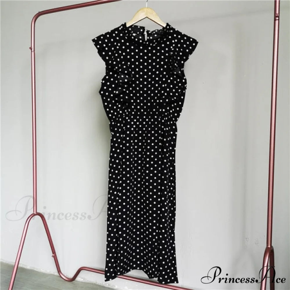 New Butterfly Sleeve Ruffles Medium Long Dress Black Dots / M