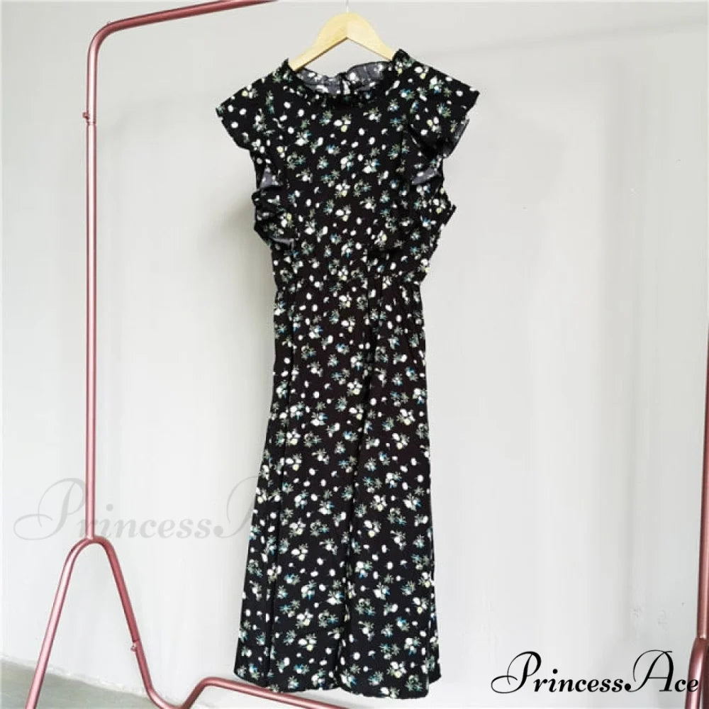 New Butterfly Sleeve Ruffles Medium Long Dress Black Flowers / M