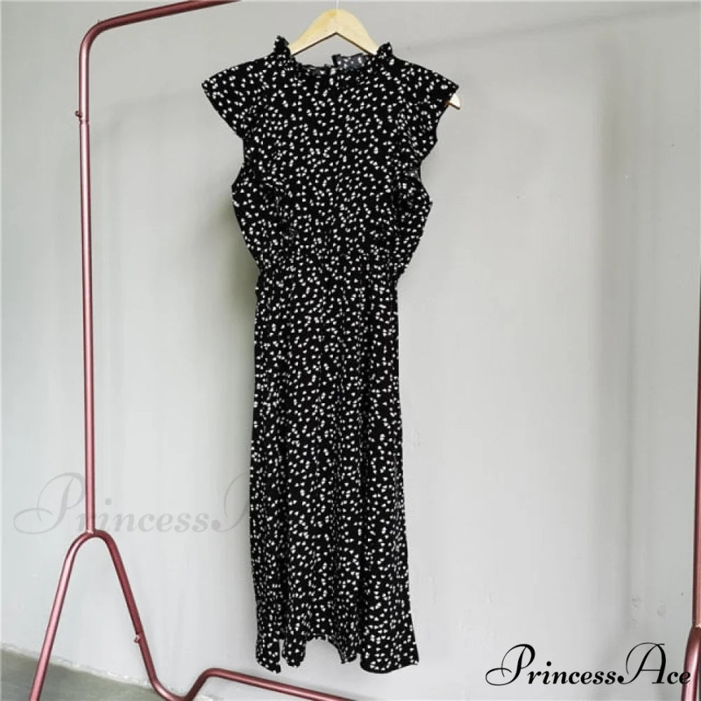 New Butterfly Sleeve Ruffles Medium Long Dress Black Heart / M