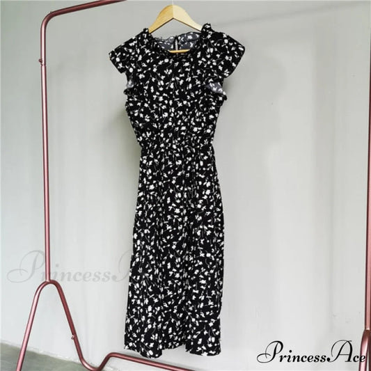 New Butterfly Sleeve Ruffles Medium Long Dress Black Leaves / M