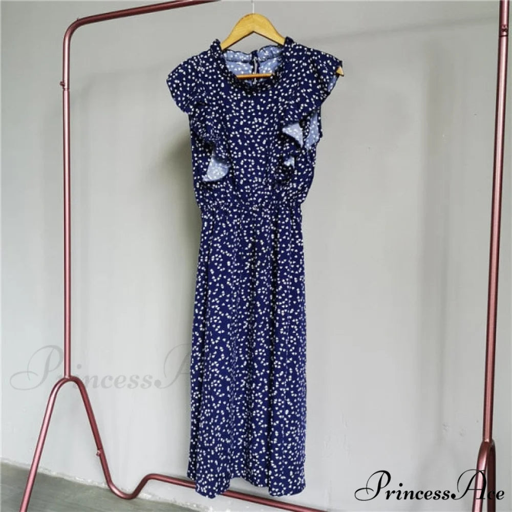 New Butterfly Sleeve Ruffles Medium Long Dress Blue Heart / M