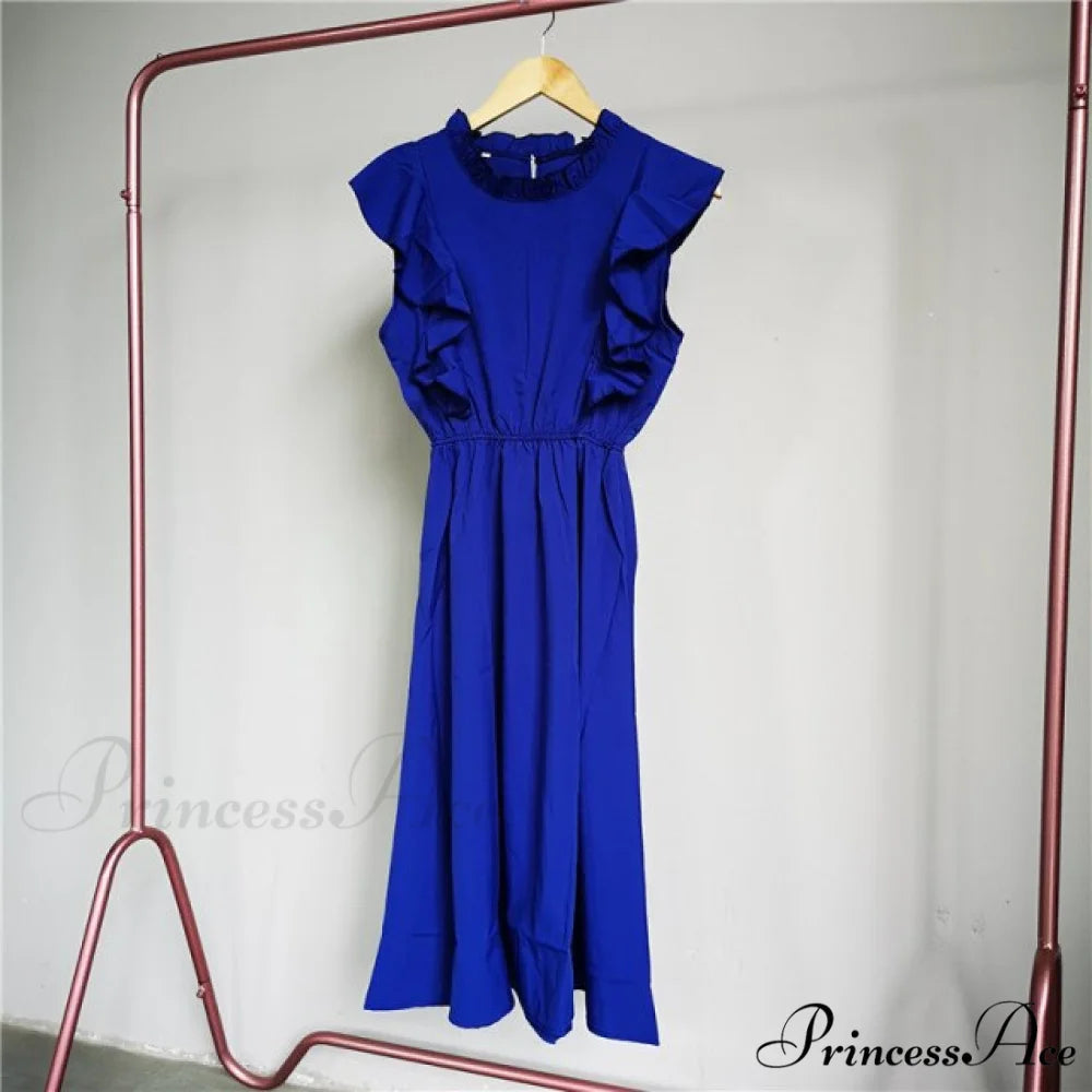 New Butterfly Sleeve Ruffles Medium Long Dress Blue Solid / M