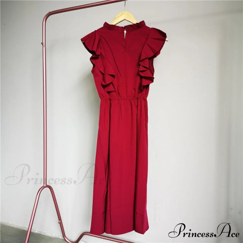 New Butterfly Sleeve Ruffles Medium Long Dress Burgundy / M