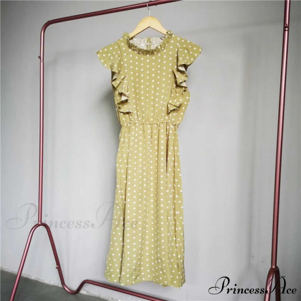 New Butterfly Sleeve Ruffles Medium Long Dress Green Dots / M