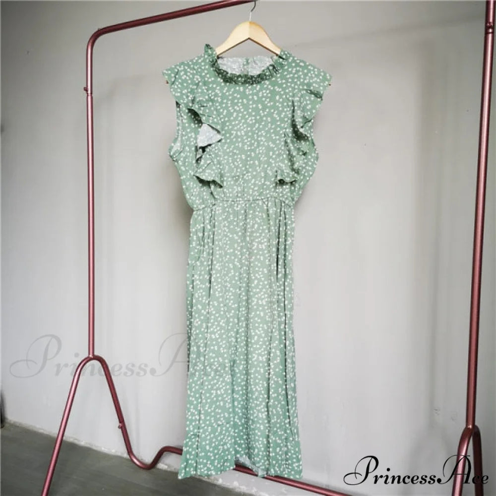 New Butterfly Sleeve Ruffles Medium Long Dress Green Heart / M