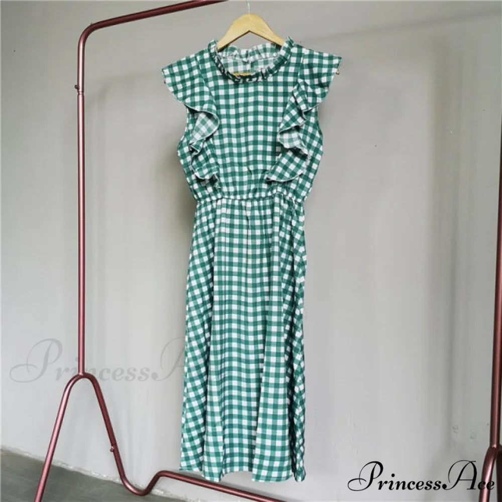 New Butterfly Sleeve Ruffles Medium Long Dress Green Plaid / M