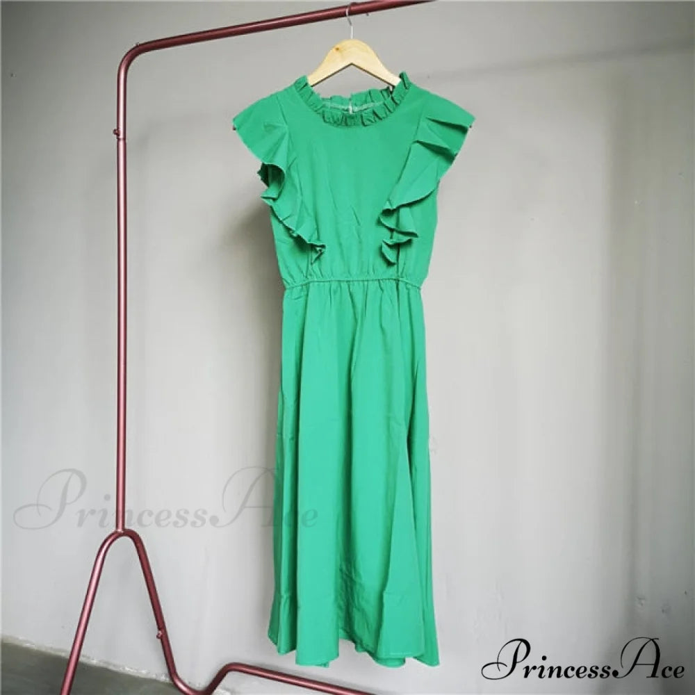 New Butterfly Sleeve Ruffles Medium Long Dress Green Solid / M