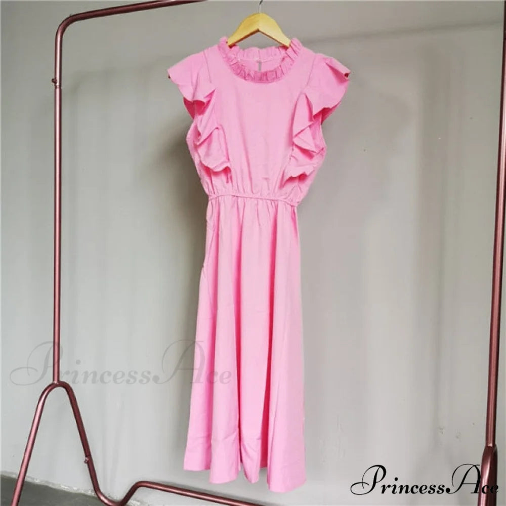 New Butterfly Sleeve Ruffles Medium Long Dress Pink Solid / M