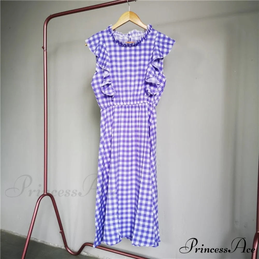 New Butterfly Sleeve Ruffles Medium Long Dress Purple Plaid / M