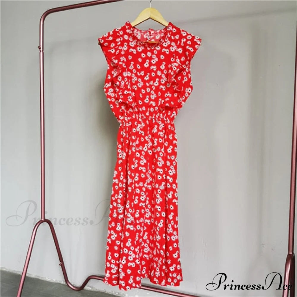New Butterfly Sleeve Ruffles Medium Long Dress Red Daisys / M