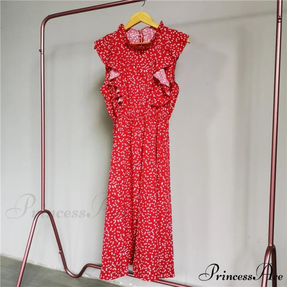 New Butterfly Sleeve Ruffles Medium Long Dress Red Heart / M
