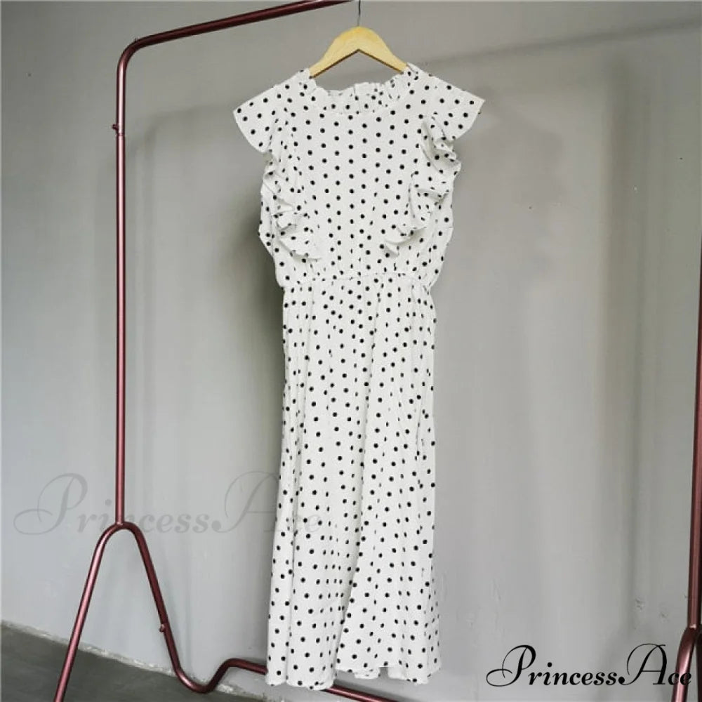 New Butterfly Sleeve Ruffles Medium Long Dress White Dots / M