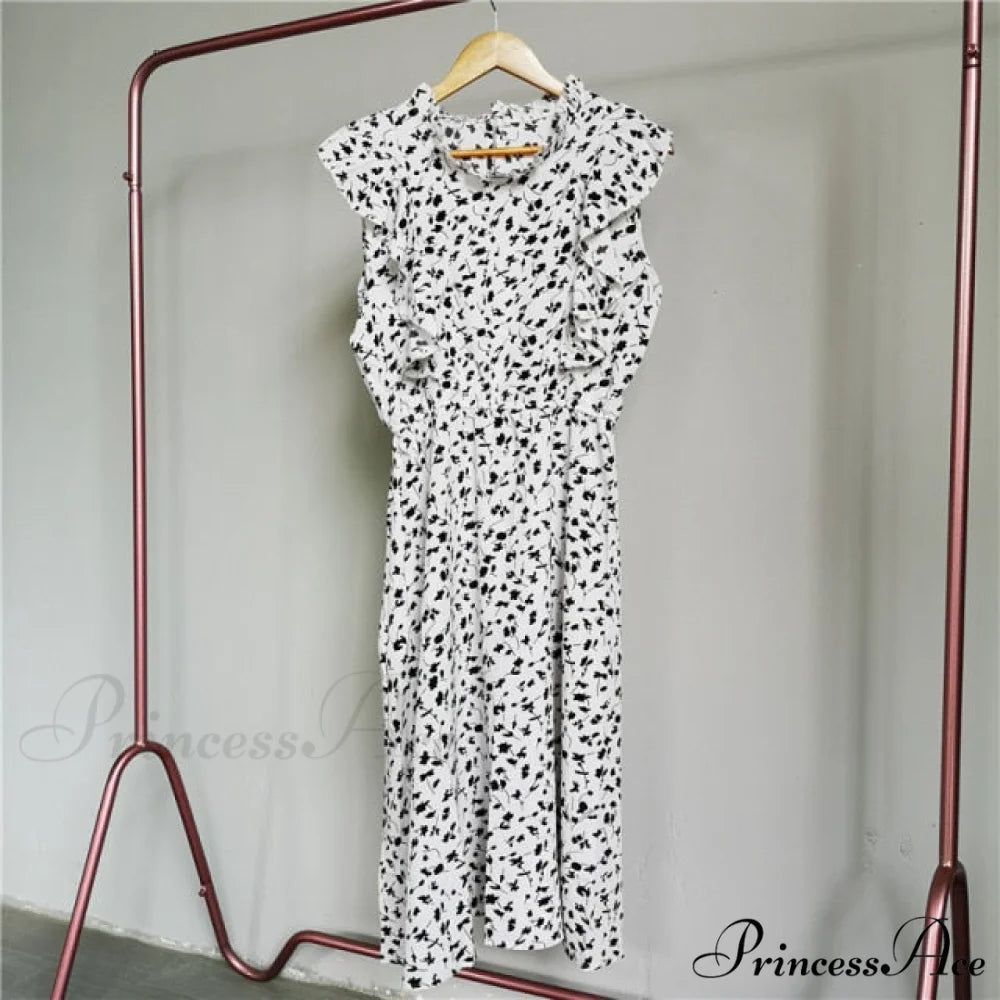 New Butterfly Sleeve Ruffles Medium Long Dress White Leaves / M