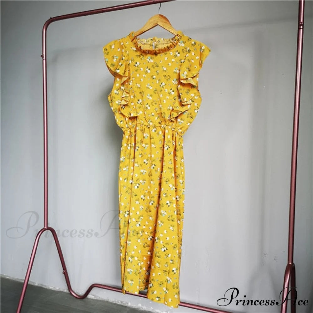 New Butterfly Sleeve Ruffles Medium Long Dress Yellow Flowers / M