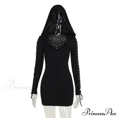 New Dark Retro Punk Street Hooded High Waist Sexy Mini Gothic Vintage Pentagram Strap Long Sleeve Dress Black / S