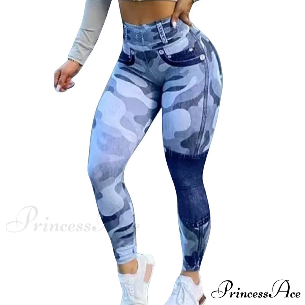 New Fashion Camouflage Print Skinny Pants Blue / S
