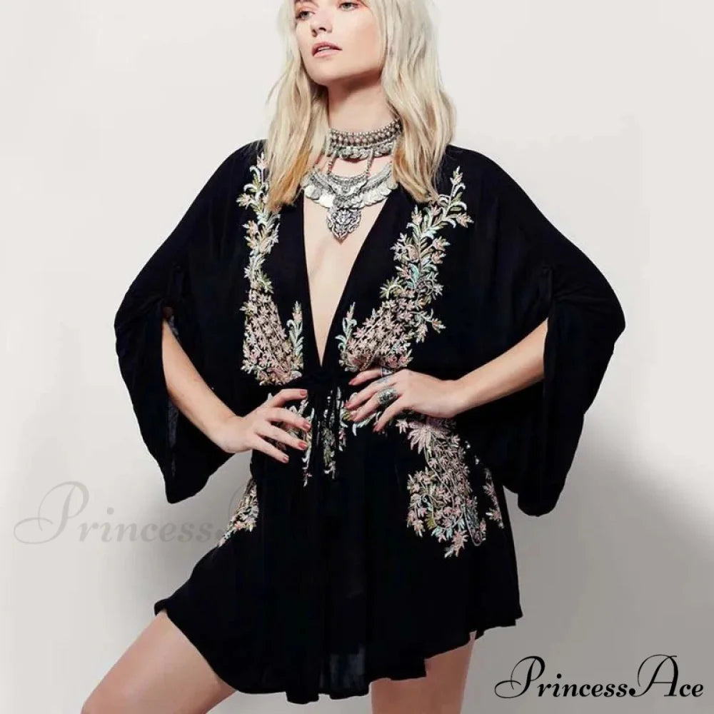 New Flowery Stitching Boho Dress Seductive Seaside Dress Deep Plunging-neckline Mini Celebration Black / S