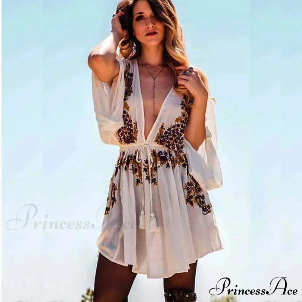 New Flowery Stitching Boho Dress Seductive Seaside Dress Deep Plunging-neckline Mini Celebration bohodress-250126