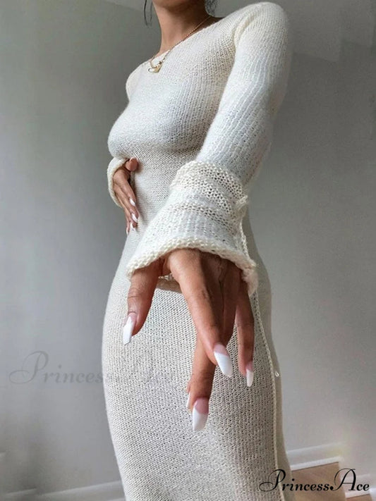 New Knitted Bodycon Fairy Grunge Casual Fashion Maxi Dress Creamy-white / S