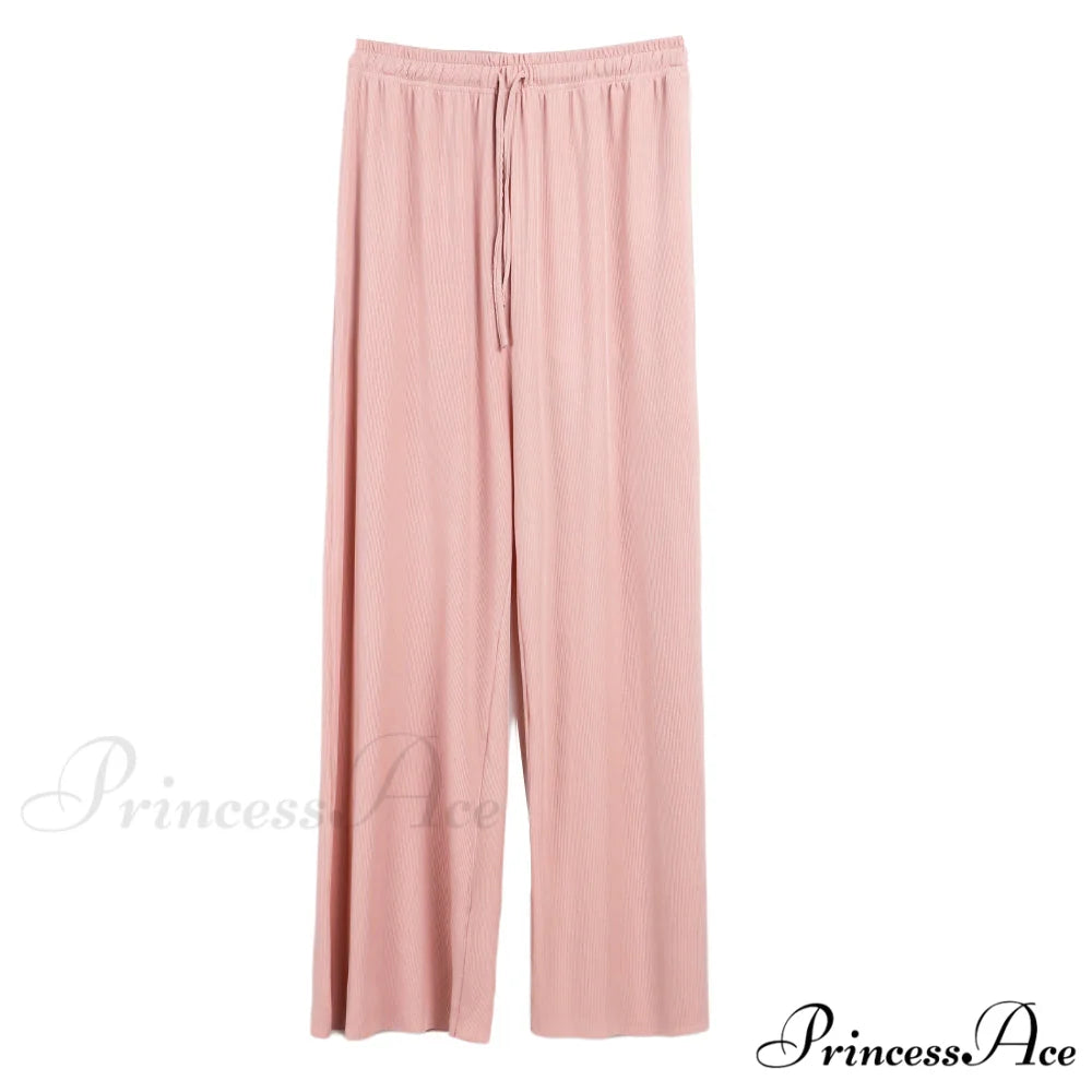 New Ladies Ice Silk Light Wide Leg Trousers Pink / S
