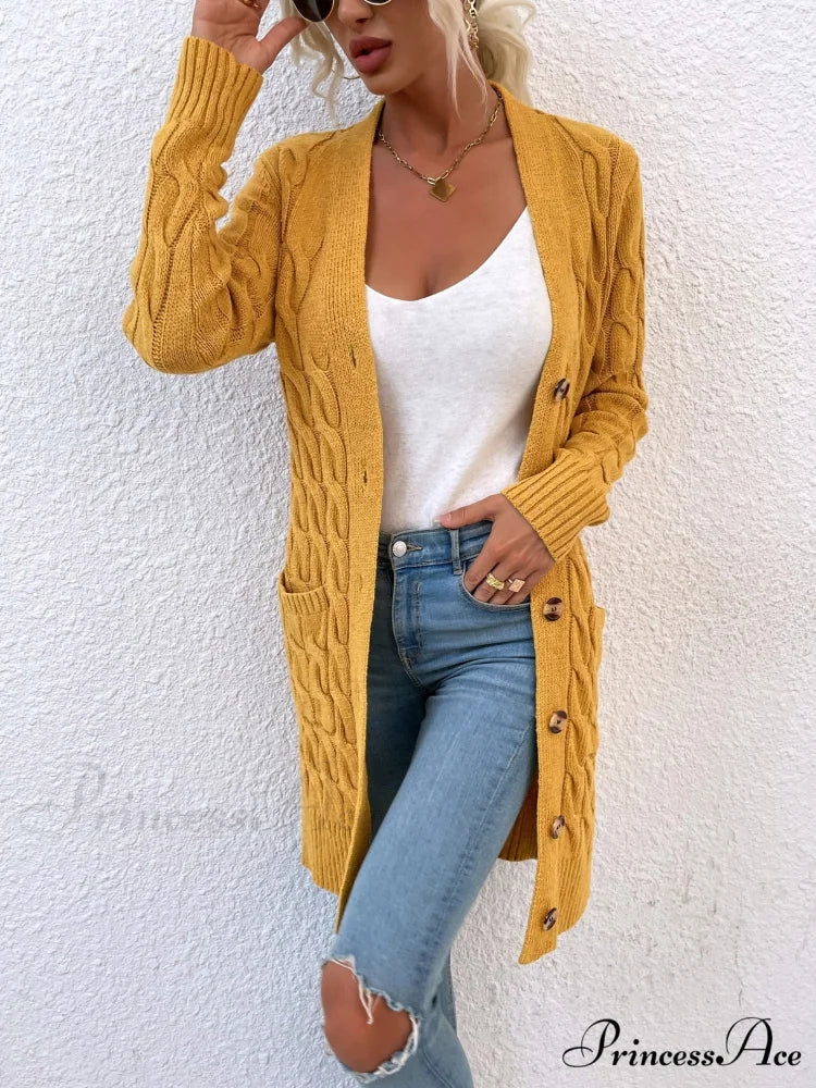 New Long Coat Twisted Rope Solid Color Knitted Cardigans