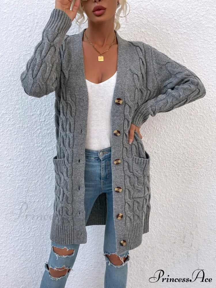 New Long Coat Twisted Rope Solid Color Knitted Cardigans